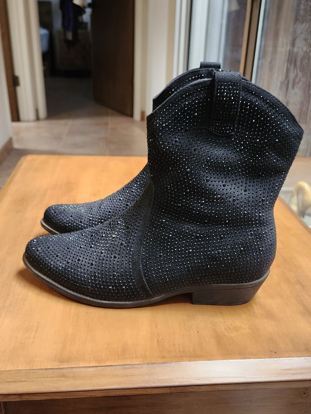 Peppep Black Rhinestone Cowboy Ankle Boots Sz 10W